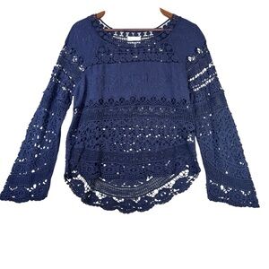 Deletta S (Anthropologie) Blue Crochet Long Sleeve Blouse Hi/Low Hem
